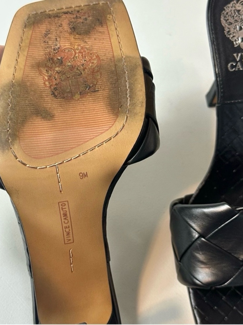 Vince Camuto Women's Brelanie Black Leather Woven Strap Heels Sandal Size 9 - Picture 5 of 7